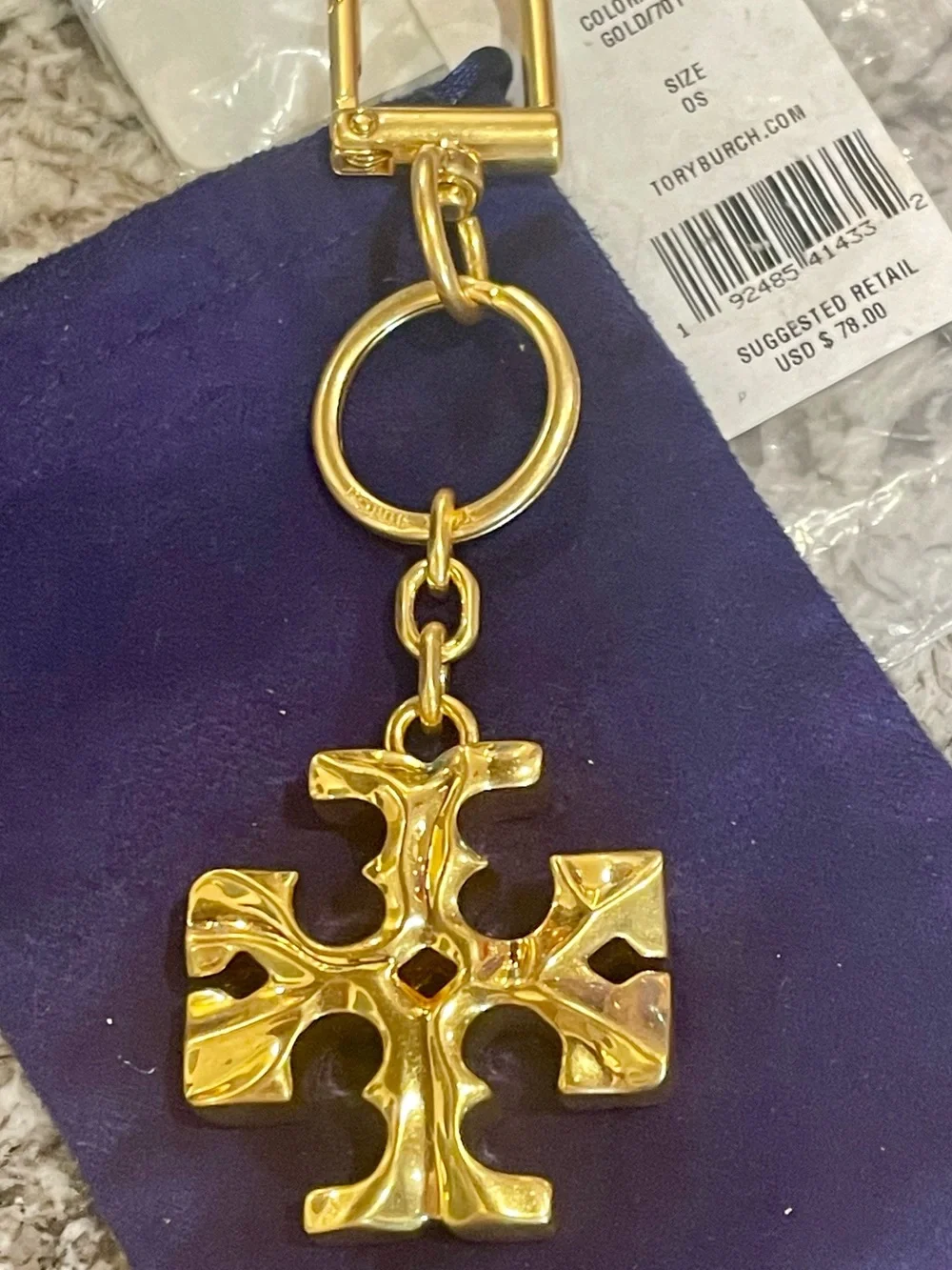 NWT~TORY BURCH~Gold-Tone Logo Key Ring/Purse Charm